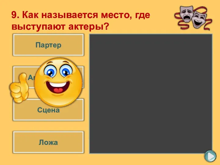 Сцена Амфитеатр Партер Ложа 9. Как называется место, где выступают актеры?