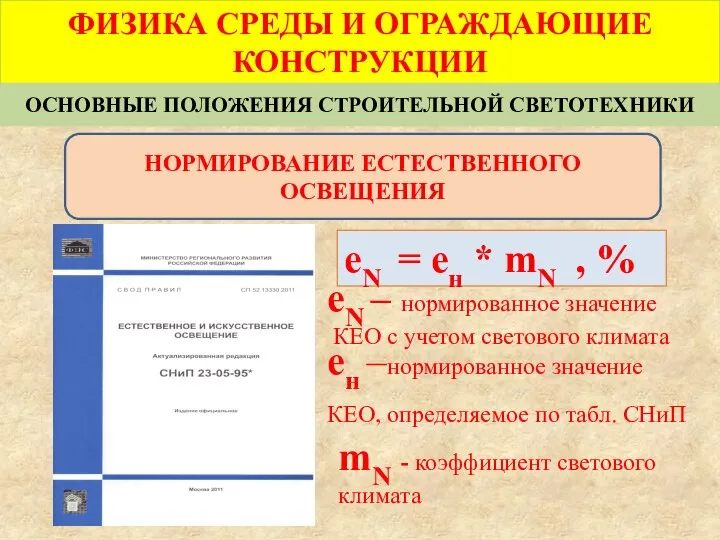 ФИЗИКА СРЕДЫ И ОГРАЖДАЮЩИЕ КОНСТРУКЦИИ ОСНОВНЫЕ ПОЛОЖЕНИЯ СТРОИТЕЛЬНОЙ СВЕТОТЕХНИКИ НОРМИРОВАНИЕ ЕСТЕСТВЕННОГО