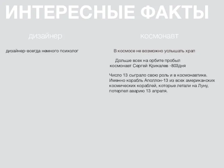 ИНТЕРЕСНЫЕ ФАКТЫ дизайнер космонавт дизайнер-всегда немного психолог В космосе не возможно