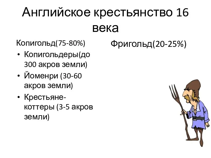 Английское крестьянство 16 века Копигольд(75-80%) Копигольдеры(до 300 акров земли) Йоменри (30-60