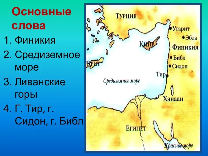 Основные слова Финикия Средиземное море Ливанские горы Г. Тир, г.Сидон, г. Библ