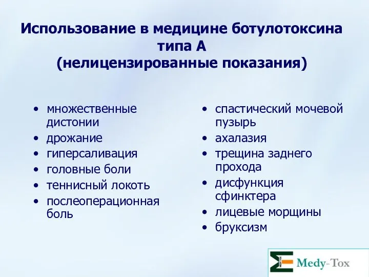 Использование в медицине ботулотоксина типа А (нелицензированные показания) множественные дистонии дрожание