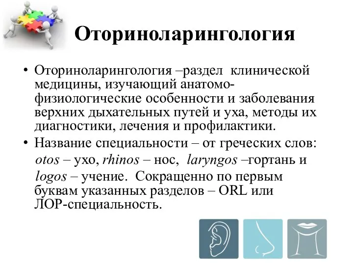 Оториноларингология Оториноларингология –раздел клинической медицины, изучающий анатомо-физиологические особенности и заболевания верхних