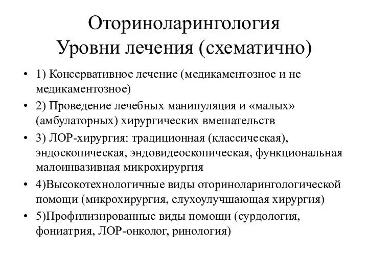 Оториноларингология Уровни лечения (схематично) 1) Консервативное лечение (медикаментозное и не медикаментозное)