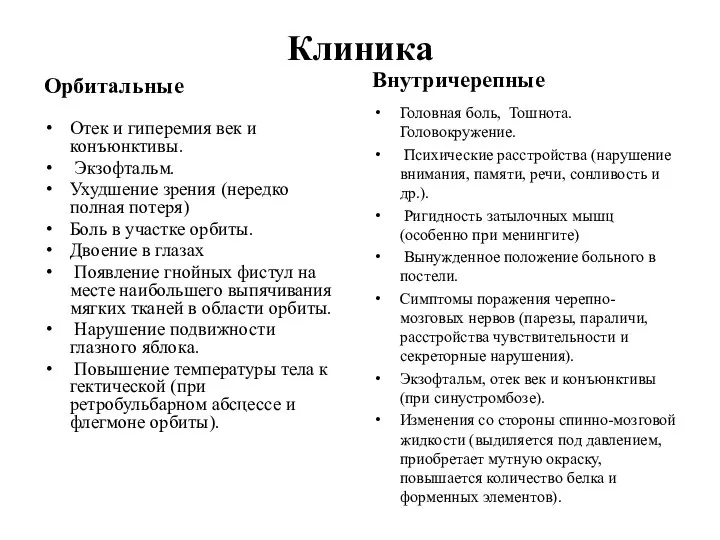 Клиника Орбитальные Отек и гиперемия век и конъюнктивы. Экзофтальм. Ухудшение зрения