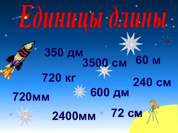 Единицы длины 2400мм 72 см 720 кг 600 дм 60 м