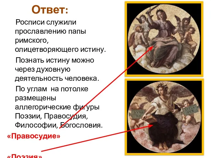 Ответ: Росписи служили прославлению папы римского, олицетворяющего истину. Познать истину можно