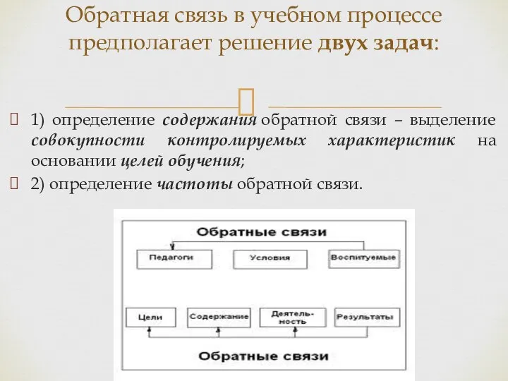 1) определение содержания обратной связи – выделение совокупности контролируемых характеристик на