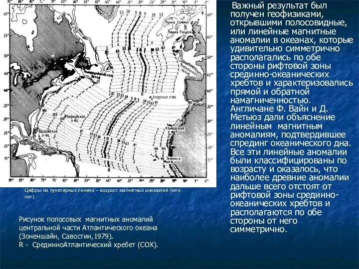 Цифры на пунктирных линиях – возраст магнитных аномалий (млн. лет). Важный