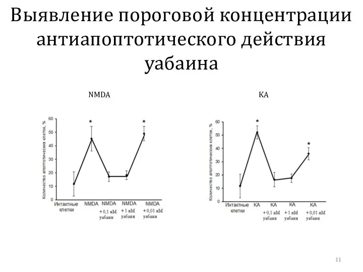 Выявление пороговой концентрации антиапоптотического действия уабаина NMDA KA * * * *