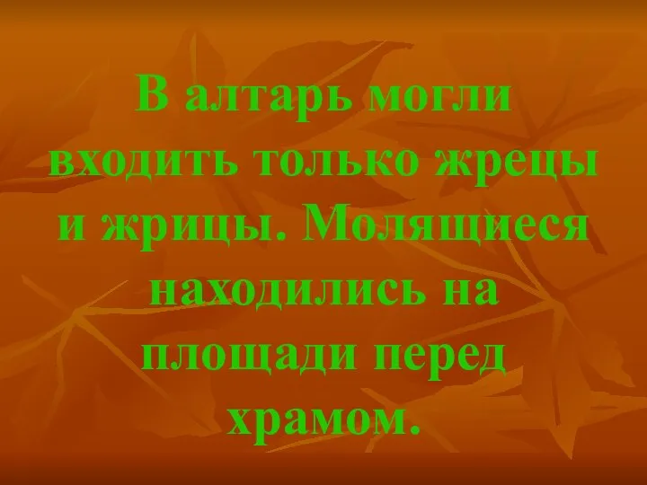 В алтарь могли входить только жрецы и жрицы. Молящиеся находились на площади перед храмом.