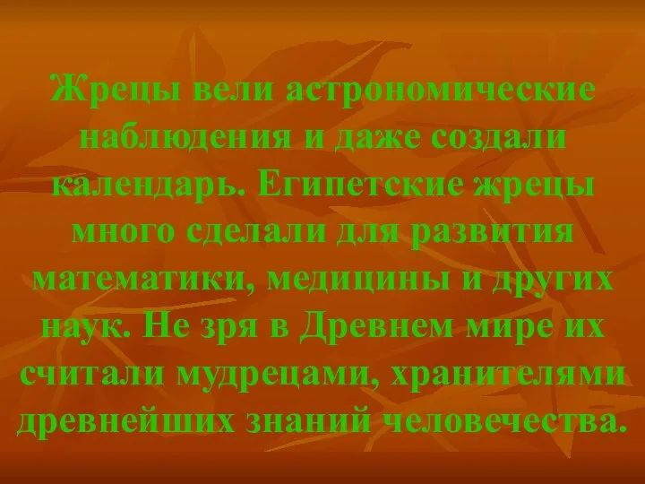 Жрецы вели астрономические наблюдения и даже создали календарь. Египетские жрецы много