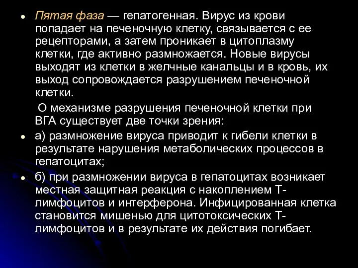 Пятая фаза — гепатогенная. Вирус из крови попадает на печеночную клетку,