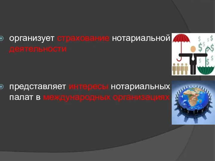 организует страхование нотариальной деятельности представляет интересы нотариальных палат в международных организациях