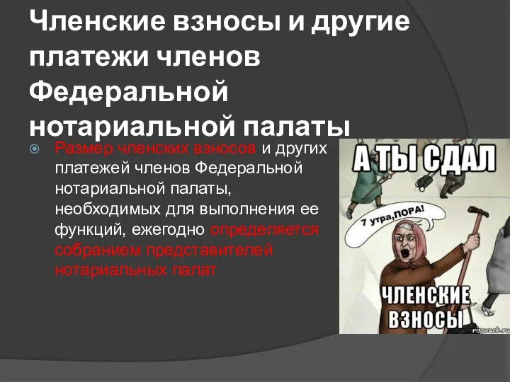 Членские взносы и другие платежи членов Федеральной нотариальной палаты Размер членских