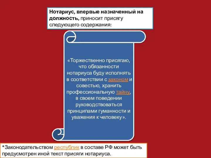 Нотариус, впервые назначенный на должность, приносит присягу следующего содержания: «Торжественно присягаю,