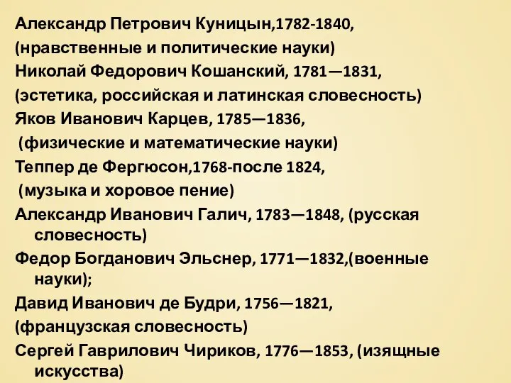 Александр Петрович Куницын,1782-1840, (нравственные и политические науки) Николай Федорович Кошанский, 1781—1831,