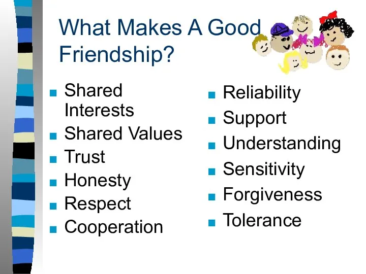 What Makes A Good Friendship? Shared Interests Shared Values Trust Honesty