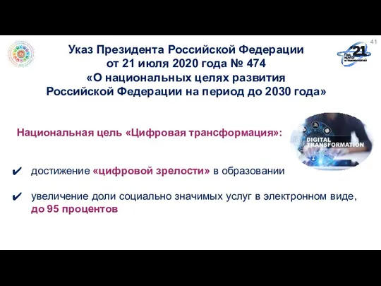 Национальная цель «Цифровая трансформация»: достижение «цифровой зрелости» в образовании увеличение доли