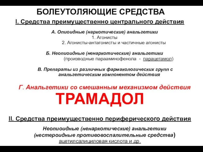 БОЛЕУТОЛЯЮЩИЕ СРЕДСТВА I. Средства преимущественно центрального действия А. Опиоидные (наркотические) анальгетики