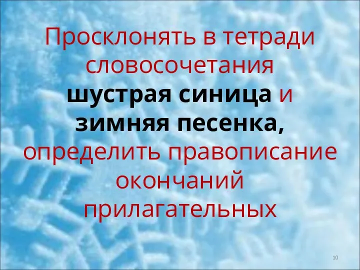 Просклонять в тетради словосочетания шустрая синица и зимняя песенка, определить правописание окончаний прилагательных