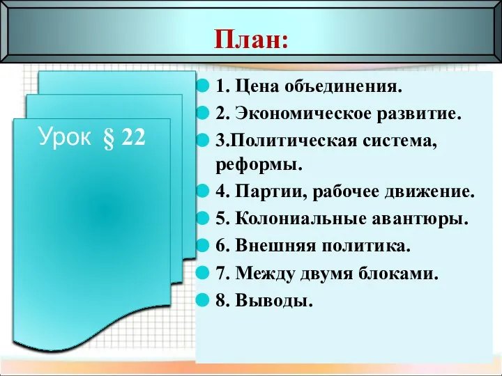 План: 1. Цена объединения. 2. Экономическое развитие. 3.Политическая система, реформы. 4.