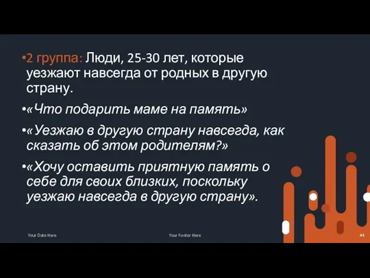 2 группа: Люди, 25-30 лет, которые уезжают навсегда от родных в