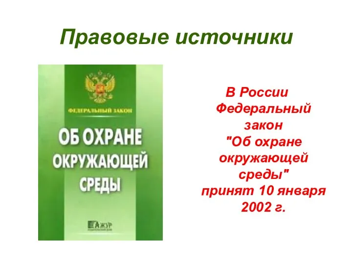 Правовые источники В России Федеральный закон "Об охране окружающей среды" принят 10 января 2002 г.