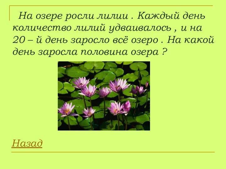 На озере росли лилии . Каждый день количество лилий удваивалось ,