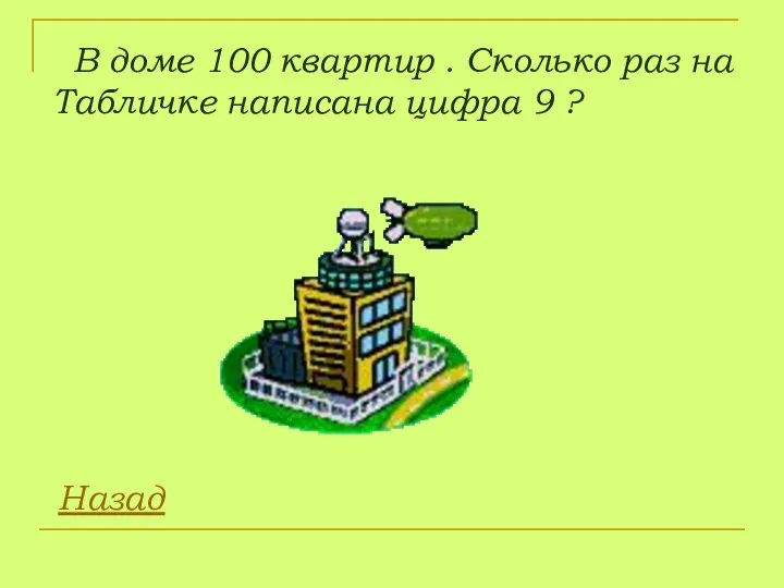 В доме 100 квартир . Сколько раз на Табличке написана цифра 9 ? Назад