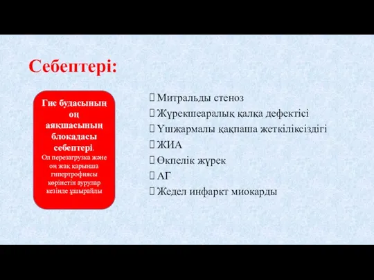 Себептері: Митральды стеноз Жүрекшеаралық қалқа дефектісі Үшжармалы қақпаша жеткіліксіздігі ЖИА Өкпелік