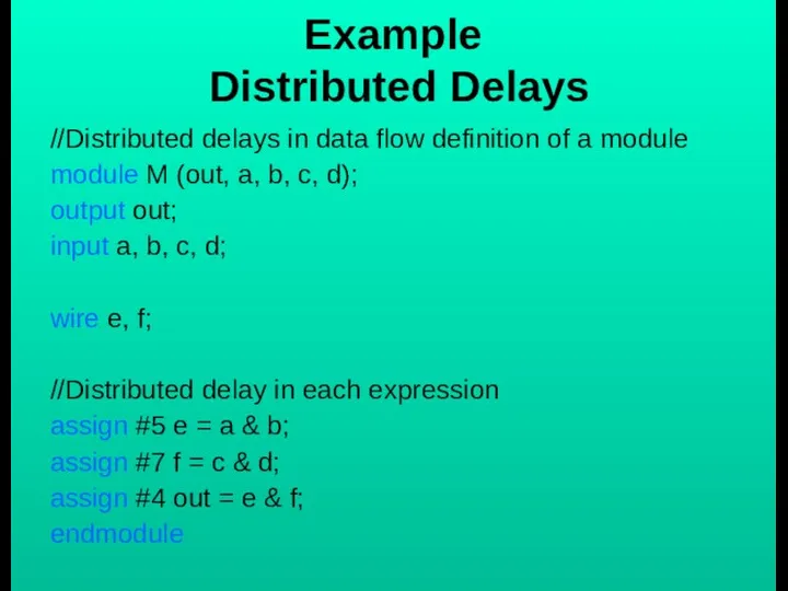 //Distributed delays in data flow definition of a module module M