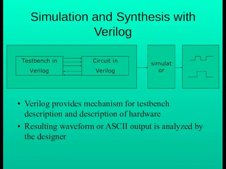 Verilog provides mechanism for testbench description and description of hardware Resulting