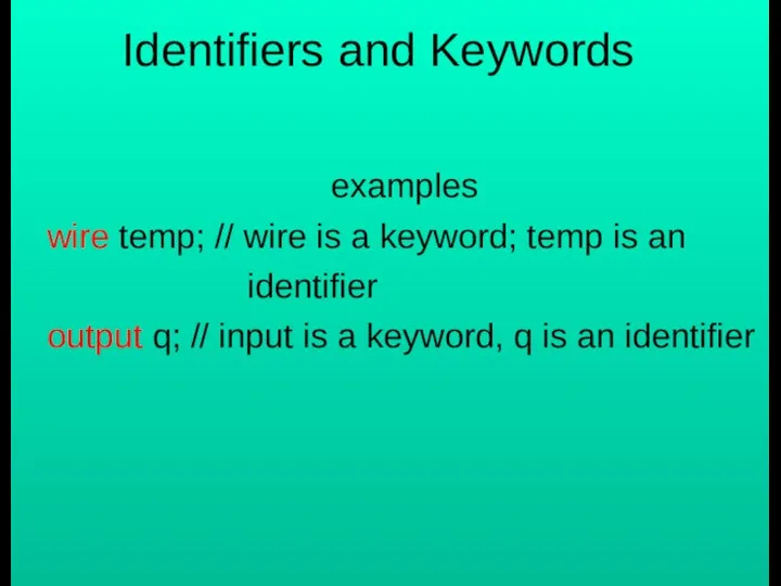 Identifiers and Keywords examples wire temp; // wire is a keyword;