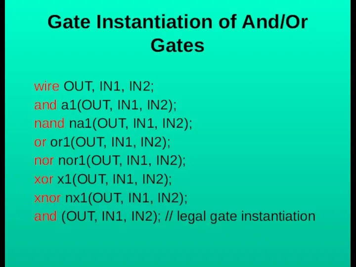 Gate Instantiation of And/Or Gates wire OUT, IN1, IN2; and a1(OUT,