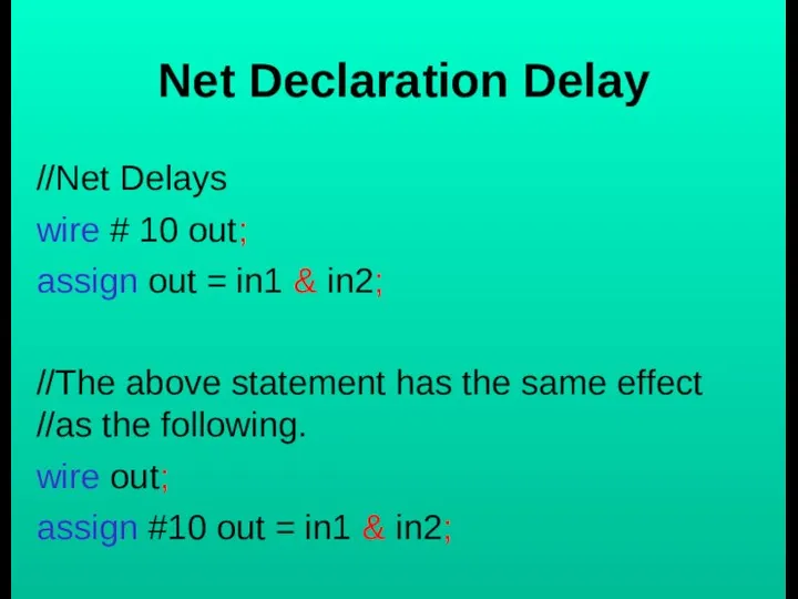 Net Declaration Delay //Net Delays wire # 10 out; assign out