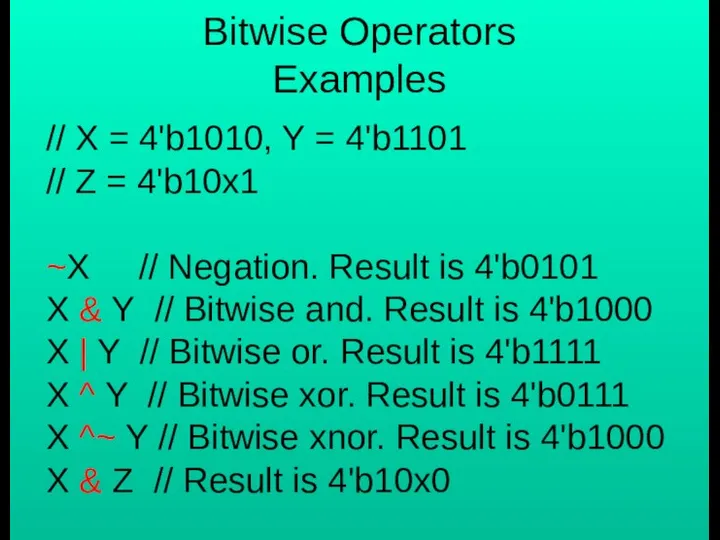 Bitwise Operators Examples // X = 4'b1010, Y = 4'b1101 //