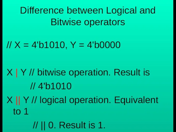 Difference between Logical and Bitwise operators // X = 4'b1010, Y