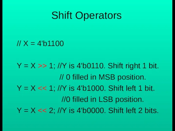 Shift Operators // X = 4'b1100 Y = X >> 1;