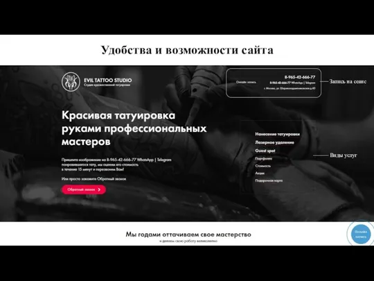 Удобства и возможности сайта Запись на сеанс Виды услуг