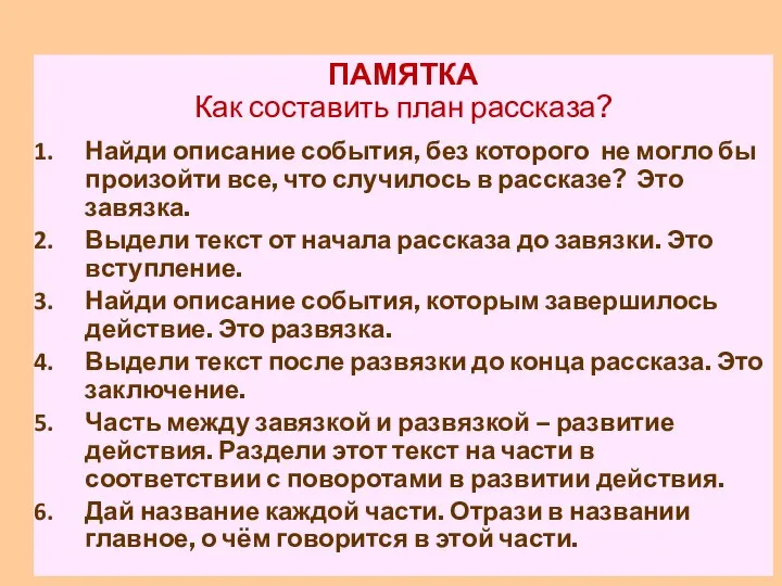 ПАМЯТКА Как составить план рассказа? Найди описание события, без которого не