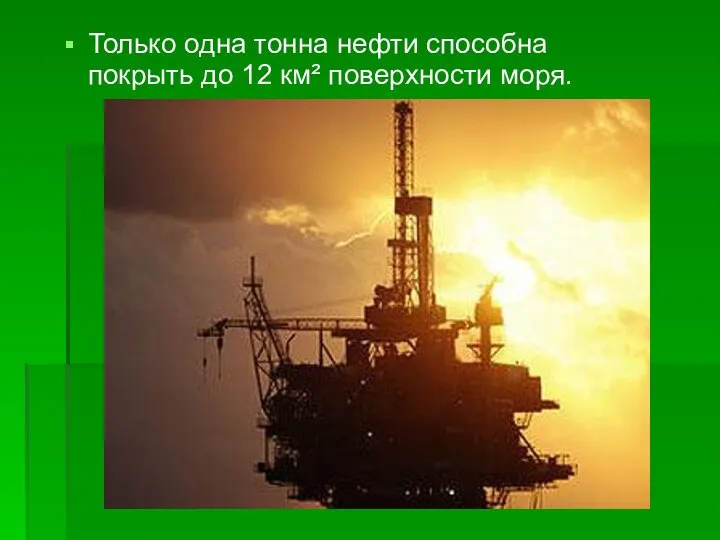 Только одна тонна нефти способна покрыть до 12 км² поверхности моря.