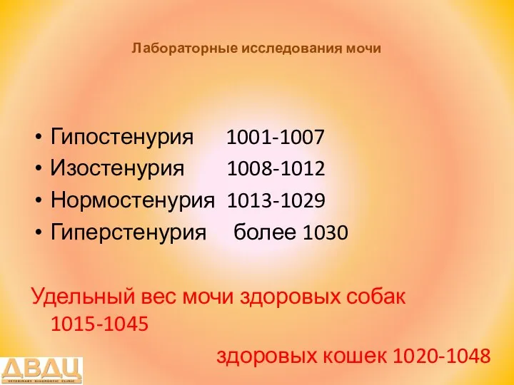 Лабораторные исследования мочи Гипостенурия 1001-1007 Изостенурия 1008-1012 Нормостенурия 1013-1029 Гиперстенурия более