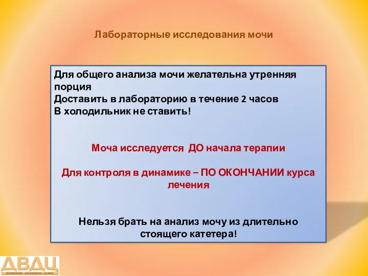 Лабораторные исследования мочи Для общего анализа мочи желательна утренняя порция Доставить