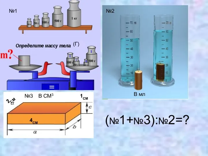 (№1+№3):№2=? №1 №2 2СМ 1СМ 4СМ №3 (Г) В мл В СМ3