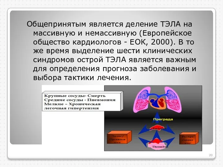 Общепринятым является деление ТЭЛА на массивную и немассивную (Европейское общество кардиологов