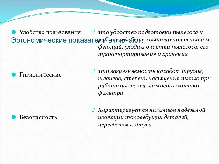 Эргономические показатели включают: Удобство пользования Гигиенические Безопасность это удобство подготовки пылесоса