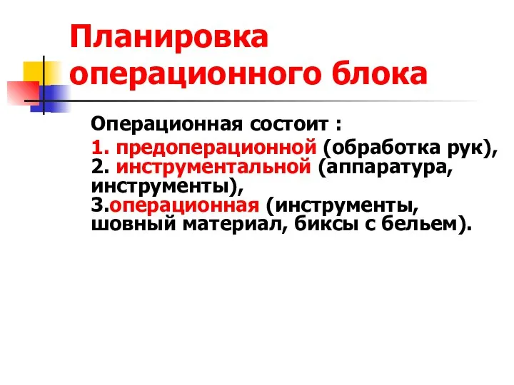 Планировка операционного блока Операционная состоит : 1. предоперационной (обработка рук), 2.