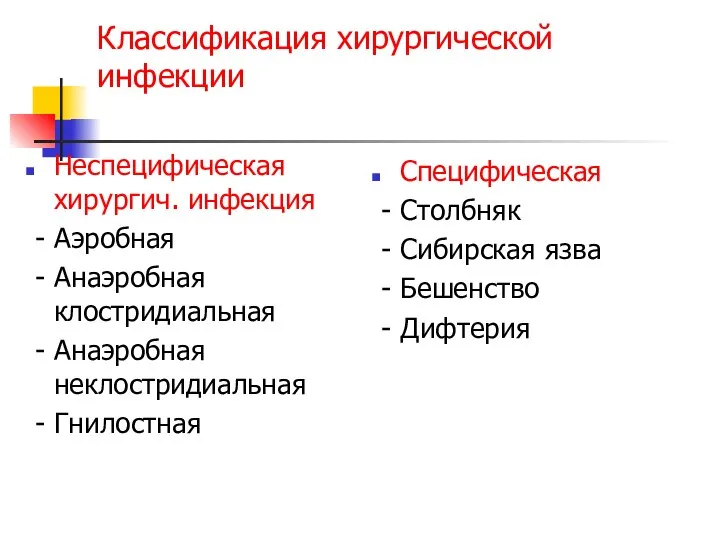 Классификация хирургической инфекции Неспецифическая хирургич. инфекция - Аэробная - Анаэробная клостридиальная