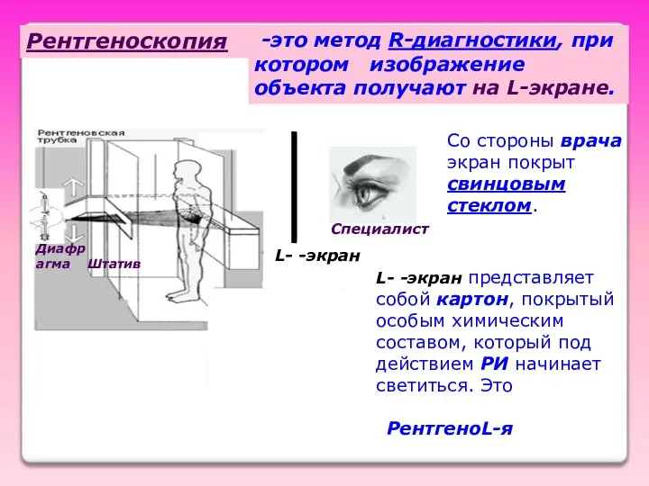 Рентгеноскопия -это метод R-диагностики, при котором изображение объекта получают на L-экране.